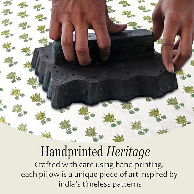 CPC Lotus Meadow Hand Block Print 100% Cotton Ruffle Throw Pillow Cover 18x18 inch with Hidden Zipper Decorative for Couch, Bed, Sofa, Farmhouse, Cottagecore Decor Gift Christmas Fall Thanksgiving