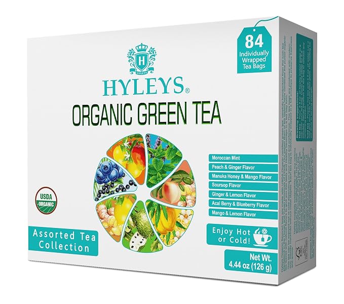 HYLEYS Organic Green Tea, With 7 Assorted Flavors 84 Individually Wrapped Tea Bags - Includes Soursop, Blueberry, Moroccan Mint and More - USDA Organic - Kosher & Vegan