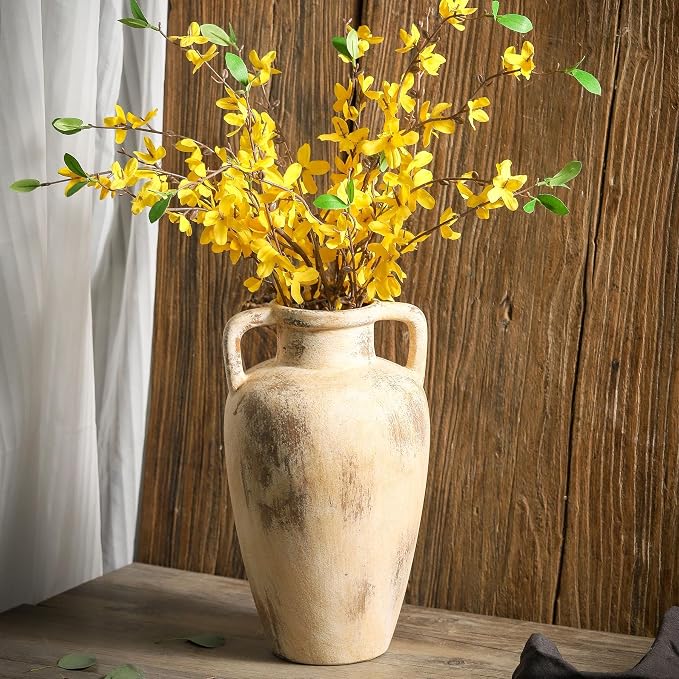 Ceramic Flower Vase, 11.41 Inch Tall Farmhouse Vase with Handles | Terracotta Rustic Vase Adds Farmhouse Charm to Living Room, Entryway,Shelf,Table Decor, Perfect for Wedding and Home Gifts