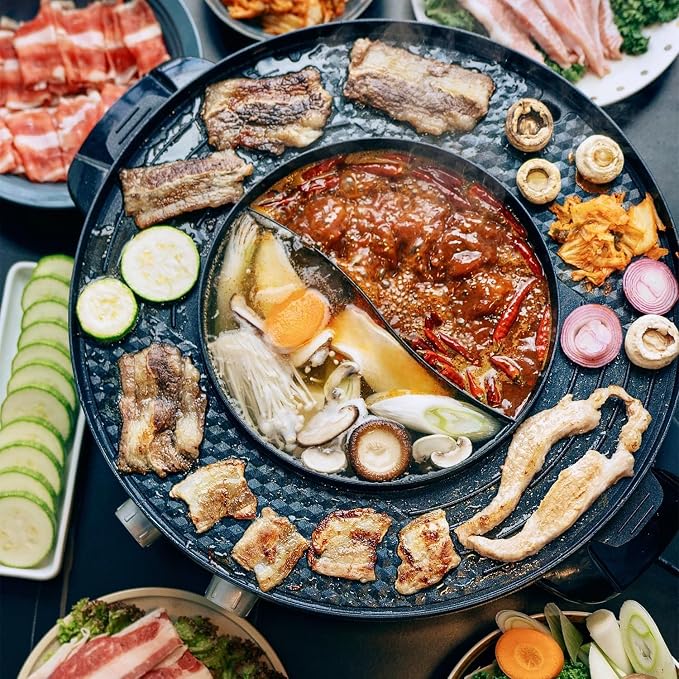 Food Party Hot Pot Electric Korean BBQ Grill Combo Hotpot Smokeless Indoor Grill 16.5" Detachable Easy Cleaning 110V 1800W Shabu Shabu Pot with Divider