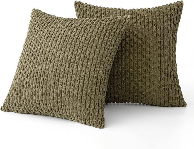 MIULEE Decorative Throw Pillow Covers 16x16 Olive Green Textured Corduroy | Pack of 2 Striped Pillow Covers Modern Farmhouse Coastal Home Decor for Couch Bed Sofa Living Room