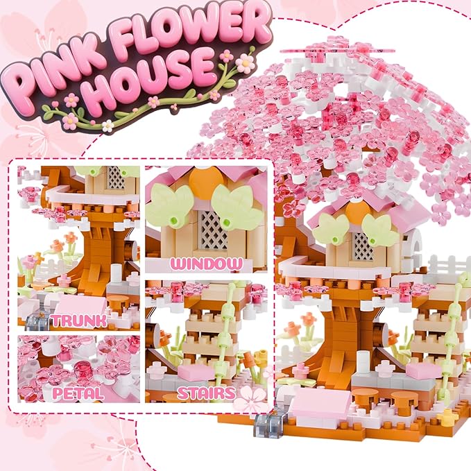 Japanese Cherry Blossom Tree Mini Micro Building Block Sets，Flowers House Mini Bricks Building Kit- Ideal DIY & Home Decor for Adults, Fun Creative Gift for Kids.