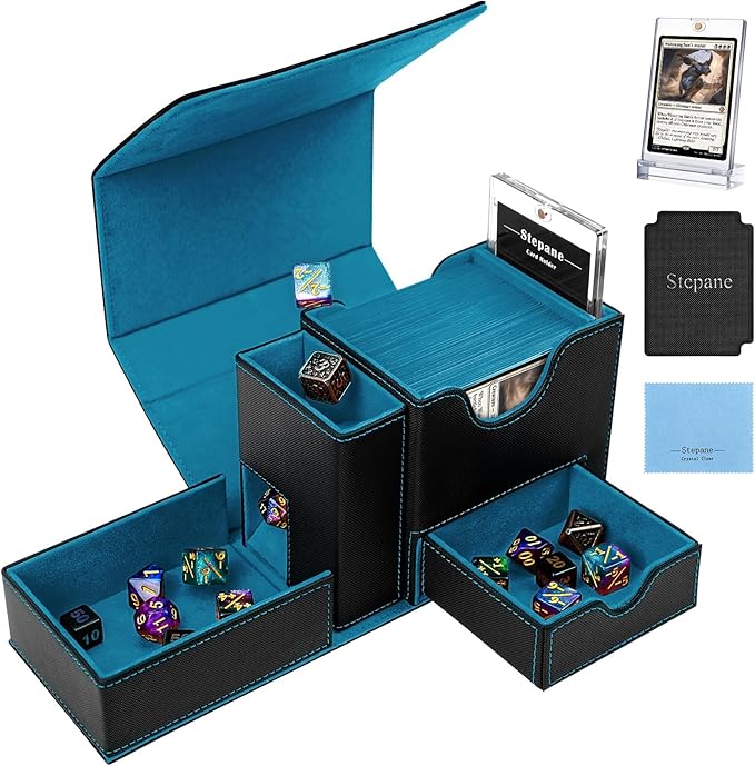 MTG Deck Box for Commander Display with Dice Tower, Fits 100 Double Sleeved Cards for TCG/PTCG, Cards Storage Case with Dice Tray and 35PT Magnetic Card Holder (Black/Cyan)