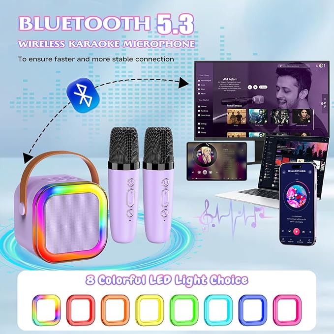 Mini Karaoke Machine with 2 Mics, Wireless Microphones for Kids Adults Toddler with LED Party Lights, Kids Microphone Christmas Birthday Gift for Girls Toys 4, 5, 6, 7, 8, 10 12+ Years Old 【Purple】