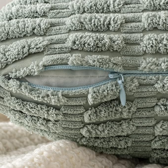 MIULEE Corduroy Decorative Throw Pillow Covers 18x18 Grey Green Pack of 2 | Soft Boho Striped Pillow Covers Modern Farmhouse Home Decor For Sofa Living Room Couch Bed
