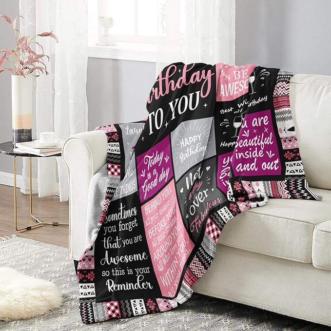 Ivivis Birthday Gifts for Women Girls Throw Blanket 60"X50" Black, Happy Birthday Decorations for Woman, Gifts for Women Birthdays Unique, Womens Bday Gift Ideas for Her Friend Mom Sister Grandma Wife