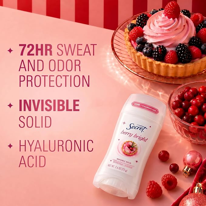 Secret Fresh Antiperspirant Deodorant for Women, 72hr Holiday Sweat & Odor Protection with Pro-Hyaluronic Acid, Invisible Solid, PH Balancing Minerals, Berry Bright Scent, 2.6 oz