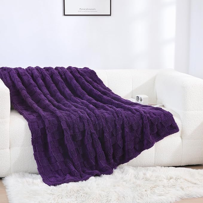 Deep Purple Fleece Throw Blanket 60”×80”Checkered Design for Couch | Super Soft Cozy Plush Microfiber 3D Square Pattern Flannel Blanket for Sofa Bed Lightweight for Adults,Women