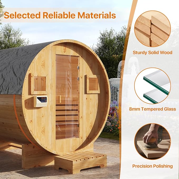 Outdoor Barrel Sauna, Traditional Wood Sauna for Backyard, Dry＆Wet Sauna for Outdoor, 220V/6KW Electric Heater with Sauna Stone, Sauna Accessories, Waterproof Tarpaulin