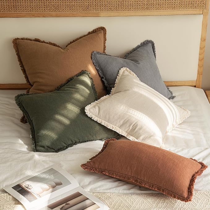 MIULEE Linen Fringe Decorative Euro Throw Pillow Covers Olive Green 22x22 | Set of 2, Cottagecore Decor, Boho Farmhouse Neutral Pillow Covers, Rustic Couch Cushion Cases for Sofa Bed Living Room