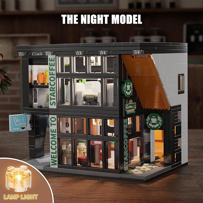TYCOLE City Coffee Shop Building Block Set, 581PCS Architecture Model with Lights for Display & Decor, Realistic Cafe Toy, Christmas/Birthday Gift for Adults & Kids 8-12