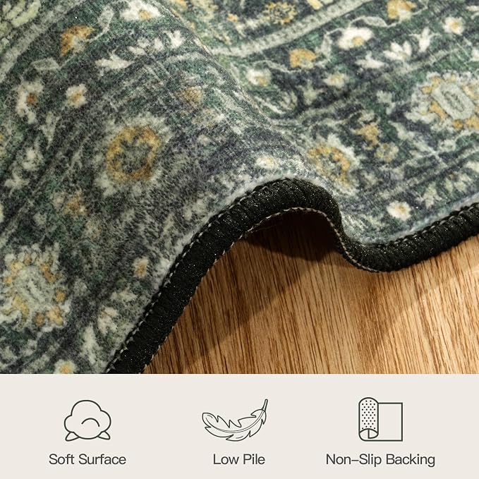 4ft Area Rugs for Living Room Bedroom, Green Washable Non-Slip Carpet | Soft Boho Area Rug for Dining Room Home Office Indoor Nursery, Stain Resistant, Low Pile, Foldable Vintage Distressed Rug