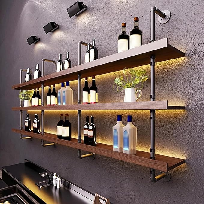55.1in Wall Mounted Wine Rack with LED Light Solid Wood | 3-Tiers Liquor Bottles Floating Shelves Display Storage Organizer for Home Bar & Dining Room