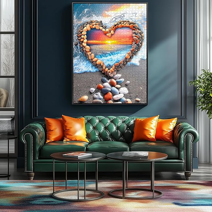 1000 Piece Jigsaw Puzzle for Adults, Heart-Shaped Love Pebbles Sunset Beach Art Puzzle, Challenging Impossible Difficult Hard Fun Puzzles for Adults