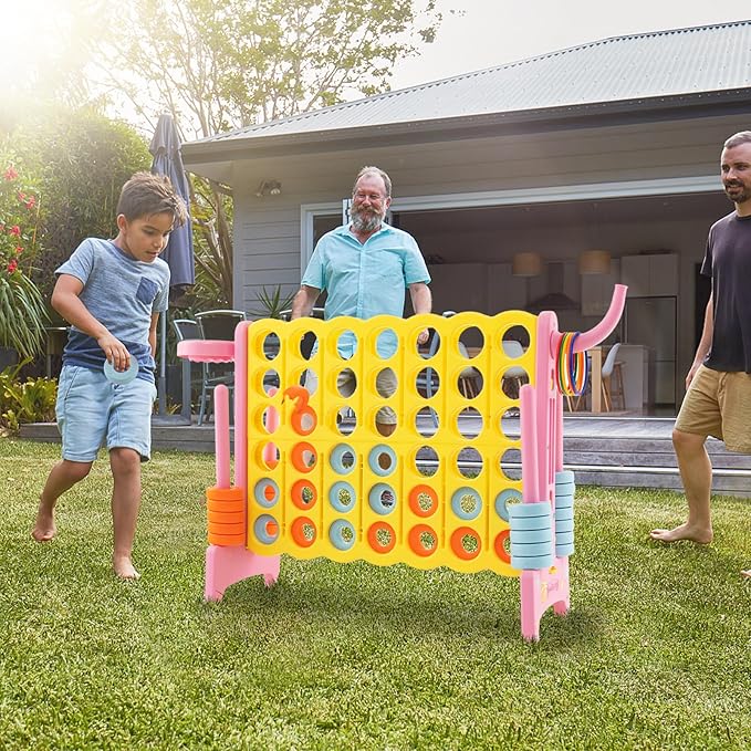COSTWAY Jumbo 4-to-Score Giant Game Set for Kids & Adults, 2.5Ft Indoor Outdoor Game with Basketball Hoop, Ring Game, 42 Jumbo Rings, Quick-Release Slider, Perfect for Birth & Holiday Party