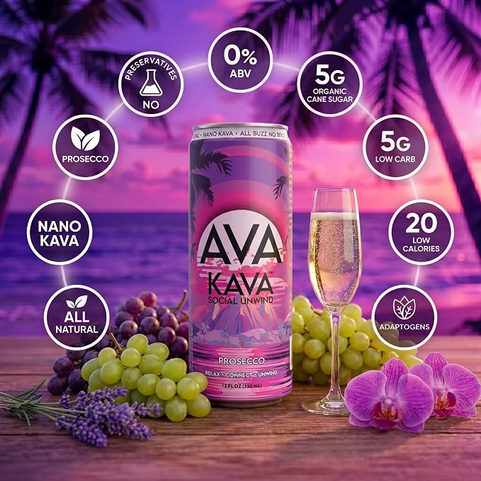 AVA Kava | Alcohol-Free Relaxation Drink | Prosecco | Fast Acting Nano Kava • Zero Sugar Alcohols • Vegan • Plant Based • No Preservatives • Natural Flavors • Non GMO • Gluten Free | 12oz Cans (12-Pack)