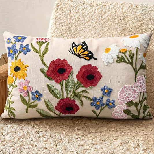 Embroidered Lumbar Pillow Cover 20x12 Inch, Retro Flower | Decorative Throw Pillow Cover, Vintage Boho Cushion Case with Hidden Zipper, Floral Decor for Couch, Sofa, Living Room, Bed