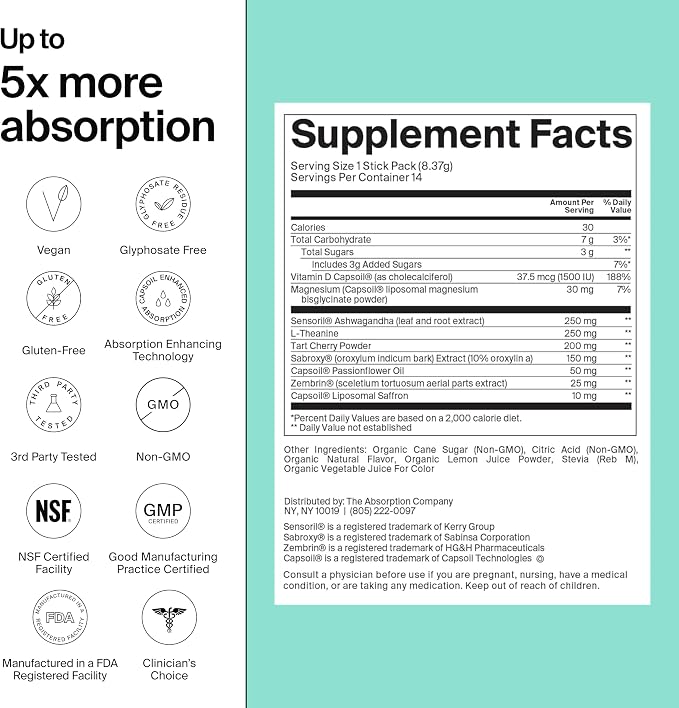 Calm Drink Mix - Relaxation Aid with Magnesium, Ashwagandha, L-Theanine, & Vitamin D - Supports Cortisol Regulation and Mood for Men & Women - Watermelon Lemonade Flavor 14 Sticks