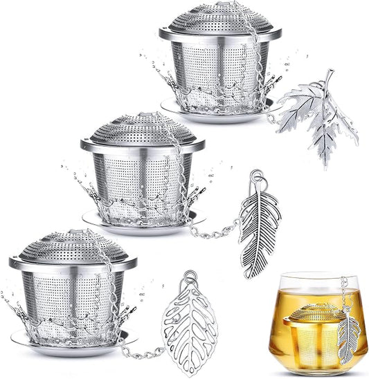3 Sets Tea Infusers Steeper for Loose Leaf Tea Holder Stainless Steel Tea Ball Mesh Strainer Filters with Drip Trays and Pendant(Forest Style)