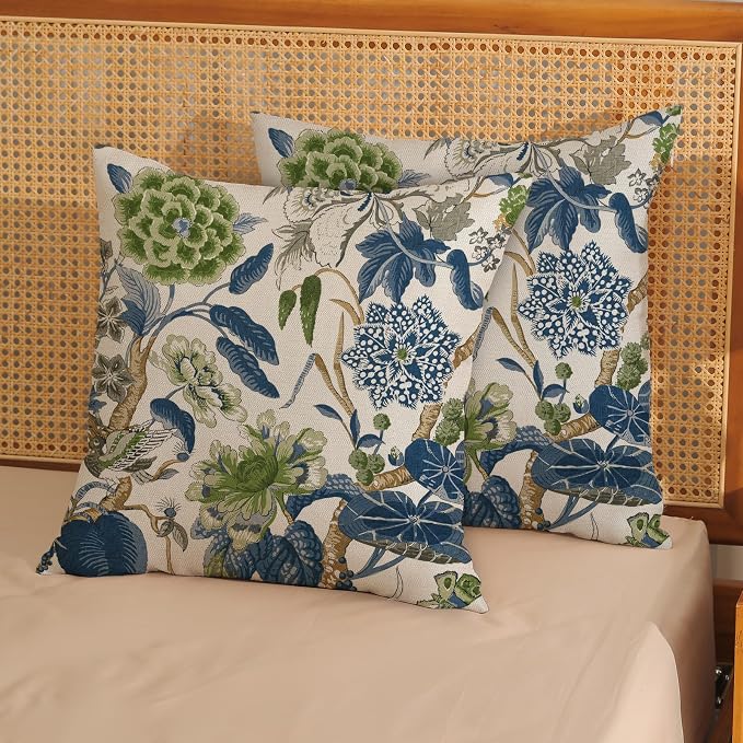 Green Navy Blue Pillow Covers 18x18 Inch Set of 2 Vintage Blue Floral Throw Pillows Chinoiserie Flower Decorative Pillow Case Outdoor Linen Farmhouse Cushion Cover for Couch Sofa Decorations