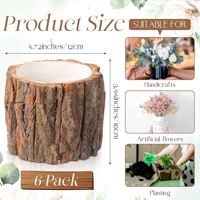 6 Pcs Wooden Vase for Centerpieces Wedding Flower Table Centerpieces Woodland Party Decor Rustic Farmhouse Bark Stump Buckets Vintage Planter Pots for Garden Baby Shower Window Home (Large)