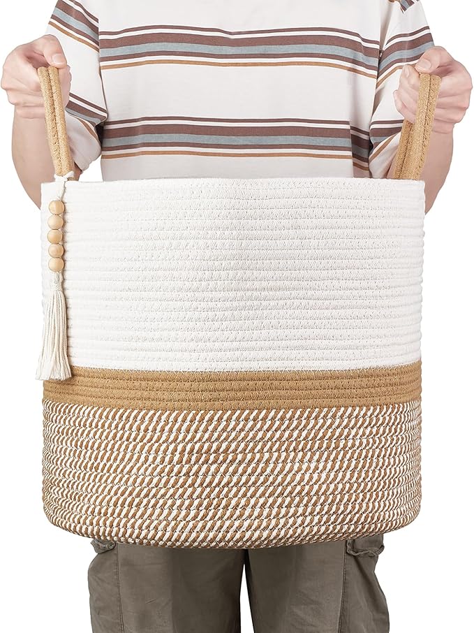Mkono Woven Storage Basket for Blanket, Toys Plant Organizer, 16"W x 13.8"L | White and Brown, Decorative Basket with Handle, Wood Beads Tassel, Shoes Clothes Storage Bin, Living Room Bedroom Nursery