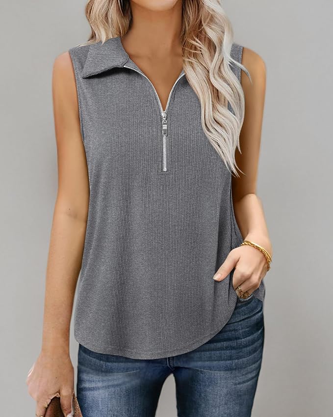Vivilli Womens Ribbed Tank Top Zipper V Neck Dressy Casual Blouses Sleeveless Camisole Tops Work Tank Polo Shirts