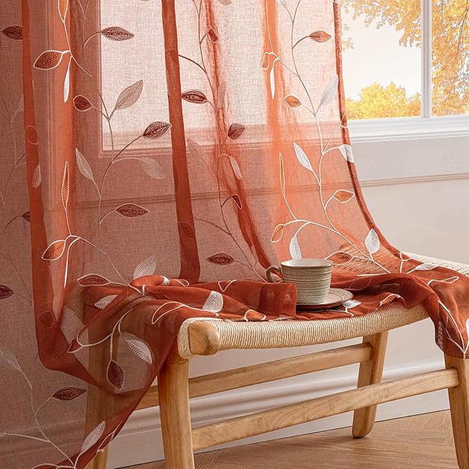 MIULEE Terracotta Sheer Curtains 2 Panels Embroidered Leaf Patterned burnt Orange Rod Pocket Floral Semi Faux Linen Fall Window Curtains Drapes Set for Living Room Bedroom Dining Room, 52x96 Inch Long