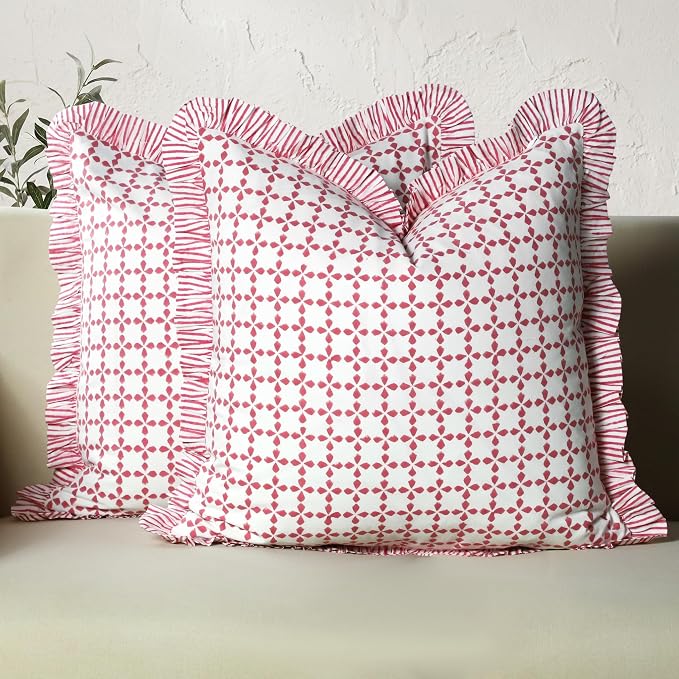 CPC Magenta Pink Hand Block Print 100% Cotton Ruffle Throw Pillow Cover 20x20 inch with Hidden Zipper Decorative for Couch, Bed, Sofa, Farmhouse, Cottagecore Decor Gift Christmas Fall Thanksgiving