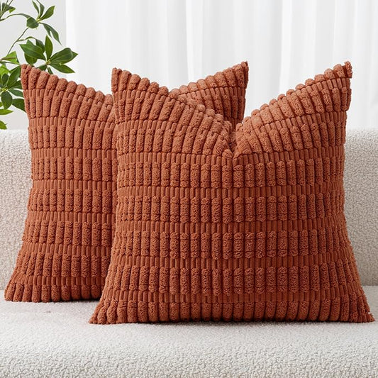 MIULEE Fall Corduroy Decorative Throw Pillow Covers 20x20 Rust Pack of 2 | Terracotta Soft Boho Striped Pillow Covers Modern Farmhouse Autumn Home Decor For Sofa Living Room Couch Bed
