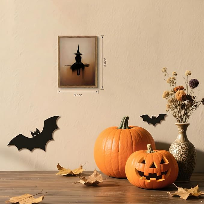 Framed Vintage Witch Wall Art, Minimalist Halloween Witch Canvas Prints, Spooky Gothic Dark Academia Witches Painting, Rustic Aesthetic Halloween Wall Decor for Bedroom Living Room 8x10 inch