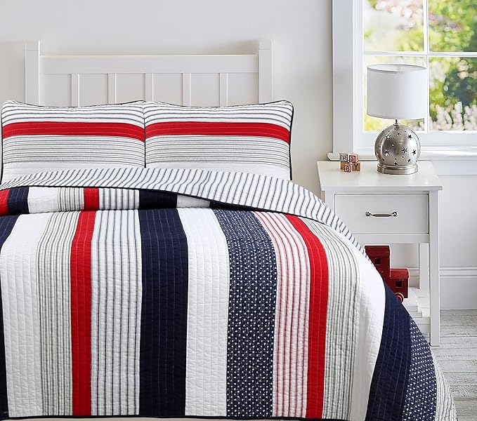 Cozy Line Home Fashions 100% Cotton Sailor Navy Blue Star Striped Reversible Bedding Quilt Set (Patriotic Stripe, Queen)