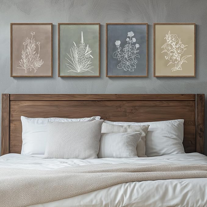 Framed Boho Botanical Wall Art for Bedroom, 4 Piece Vintage Neutral Floral Canvas Painting Prints, Minimalist Rustic Flower Pictures for Farmhouse Living Room Kitchen Dining Room Wall Decor, 11x14 In