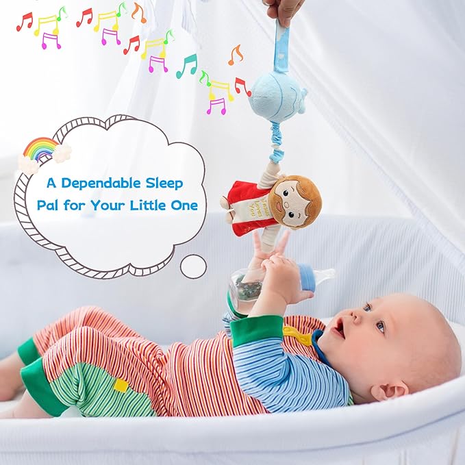 Baby Jesus Hanging Toys with Music Box Crib Toys Car & Stroller Toys Lullaby ﻿Sensory Pull Plush Doll for Babies Baptism First Birthday