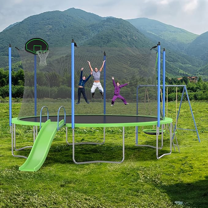 Lyromix 12-14FT Trampoline With Slide, Swings, Basketball Hoop and Ladder - ASTM Approved Outdoor Backyard Recreational Equipment With Net, Capacity for 5-7 Kids and Adults