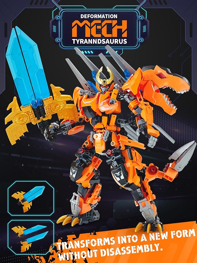 T-Rex Mech 2-in-1 Building Set, Cool Transforming Building Blocks Toy, Compatible with Lego, Dinosaurs Park Kit with Transform Robot, Birthday for Kids Boys, Adult Age 8-12 (T-Rex)