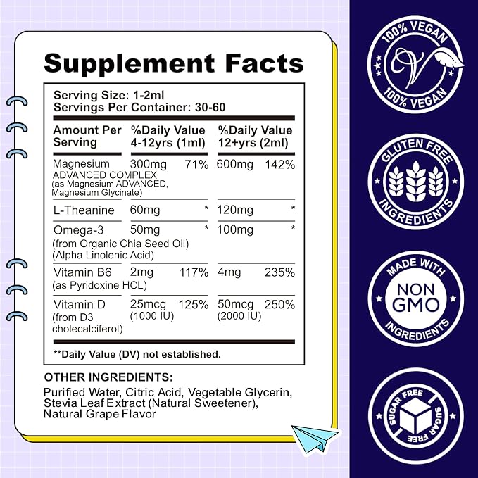 Kids Magnesium Liquid Drops-Magnesium Glycinate Liquid for Kids Supplement-w/L-theanine, Omega-3, Vitamin B6, D3 - for Sleep, Relaxation, Brain, Bones - Grape Flavor, 4 Fl Oz