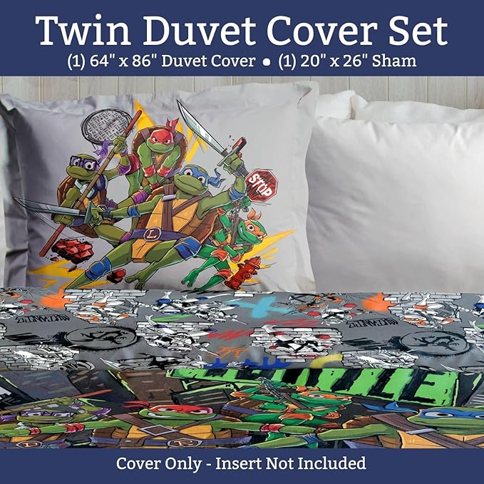 Jay Franco Duvet Cover Set – 3 Piece Comforter Cover and Sham Set, Super Soft Cozy Kids Bedding (Insert Not Included) Grey - Teenage Mutant Ninja Turtles, Twin
