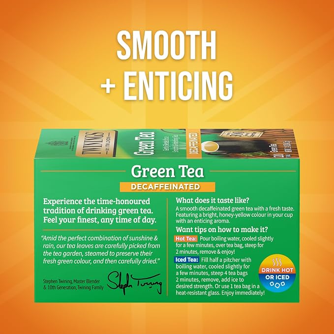Twinings Decaffeinated Green Tea Individually Wrapped Bags, 20 Count (Pack of 1), Smooth Flavour, Enticing Aroma, Enjoy Hot or Iced, 20 Teabags