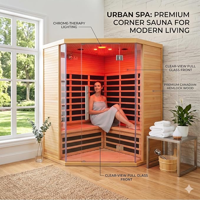 Corner Home Sauna for 3-4 Person | Low EMF Far Infrared Sauna Room with Bluetooth & Chromotherapy | Canadian Hemlock Wood, Space-Saving for Gym/Bedroom (220V, 2880W)