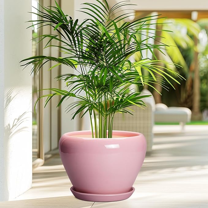 Ceramicfor 10 Inch Plant Pot - Ceramic Planter for Indoor Plants, Glaze Modern Round Planter with Drainage Hole and Saucer, Gifts for Plant Lovers, Office Patio Home Room Decor, Pink