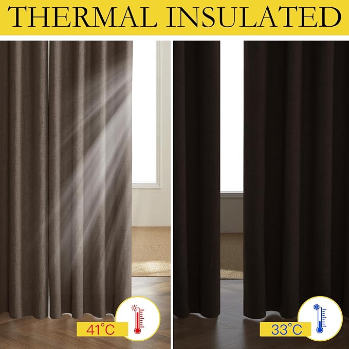 NICETOWN Coffee Vintage Linen 100% Blackout Curtains for Living Room, Thermal Insulated Curtains 45" Long, Noise Reducing Window Treatment Drapes for Hall Room, 52" Wide Per Panel, Set of 2
