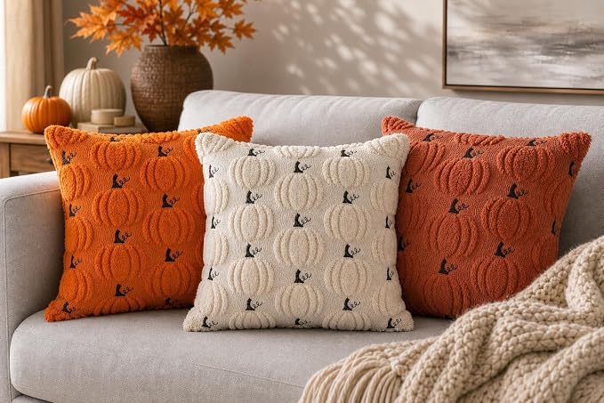 Fall Pumpkin Decorative Pillow Covers 16x16 Set of 2, Beige Soft Plush Faux Fur Wool Farmhouse Throw Cushion Cases for Autumn Thanksgiving Holiday Home Decorations