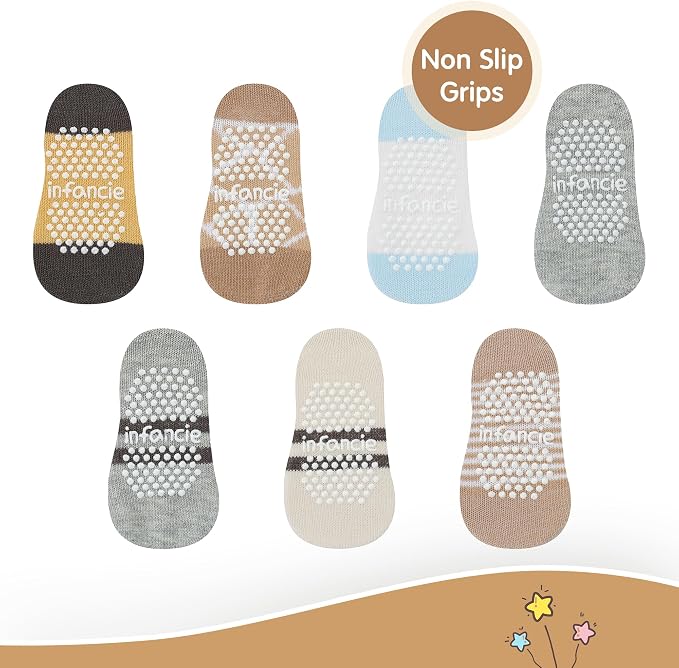 Organic Cotton GOTS Certified Non-Slip Baby Socks 0-6 Months - 7 Pairs Soft Breathable Newborn Socks Animal Design For Infant