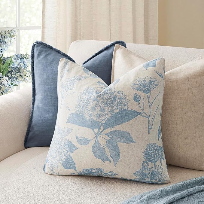 Foindtower Set of 2 Linen Floral Vintage Throw Pillow Covers Neutral Accent Decorative Cozy Cushion Covers Farmhouse Boho Home Decor for Sofa Chair Couch Bedroom Living Room,20×20 Inch,Sky Blue
