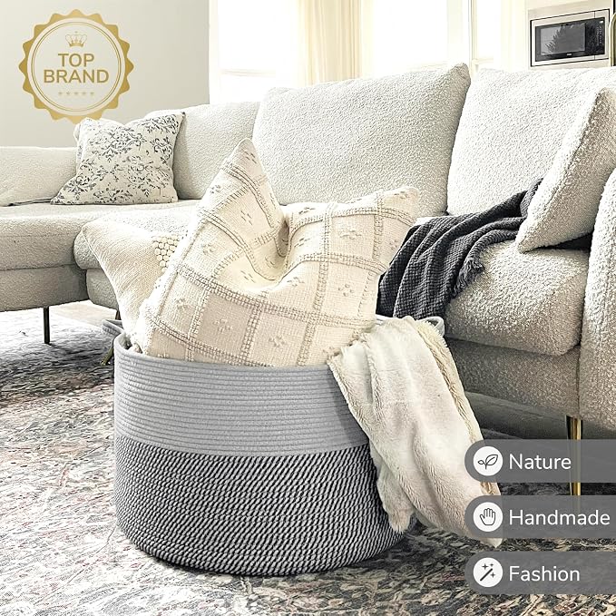 INDRESSME XXXLarge Woven Rope Blanket Basket Living Room Grey, 90L | 21.7" x 13.8" Storage baskets for toys laundry & pillows. Fits living room, bedroom or nursery décor. Soft-touch with handles