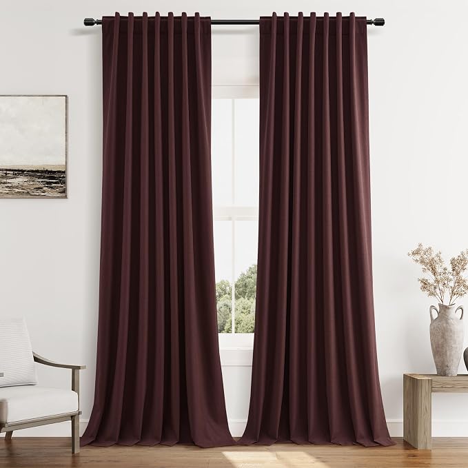 Guken 100% Blackout Curtains 90 Inch Length 2 Panels Set for Living Room Bedroom Back Tab Thermal Insulated Black Out Linen Drapes Room Darkening Reddish Brown,52x90