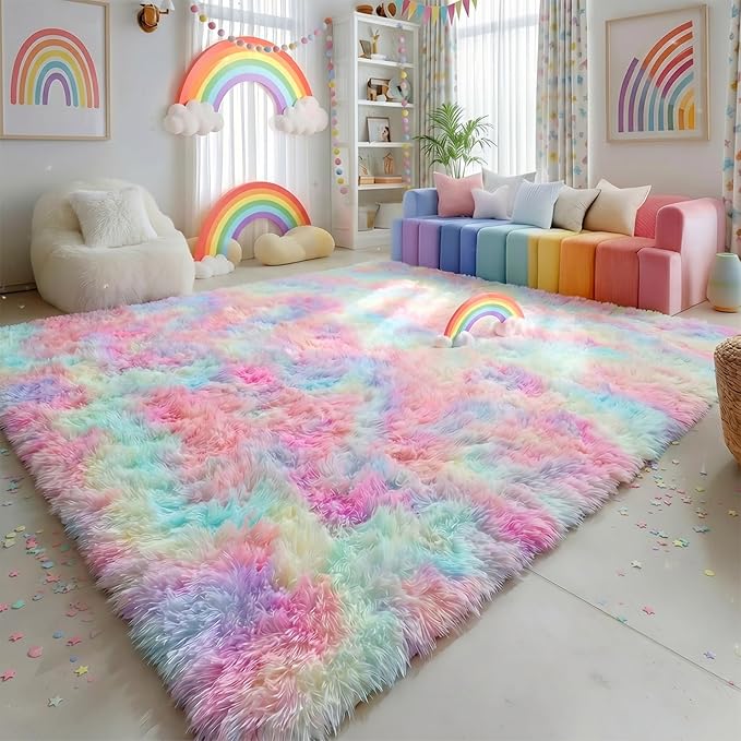 Rainbow Fluffy Kids Rugs for Girls Bedroom, Unicorn Room Decor Aesthetic, 6x9 Colorful Pastel Shag Area Rugs for Playroom Nursery Classroom, Cute Fuzzy Kawaii Princess Carpet for Baby Toddler Teen
