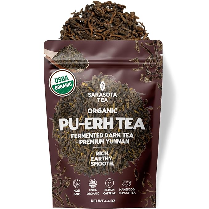 Pu-erh Tea Loose Leaf 4.4 oz | Aged Fermented Dark Tea | Smooth Earthy Flavor | Bulk Loose Leaf
