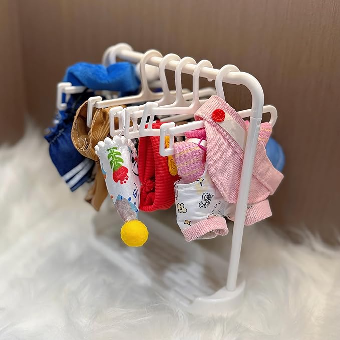 Doll Clothes Set for 15cm/17cm Dolls Outfit Accessories, Pink hat + Overalls + Yellow and Pink Short-Sleeved Knitted Sweater + Clothes Hanger, No Doll Included (NO Dolls)